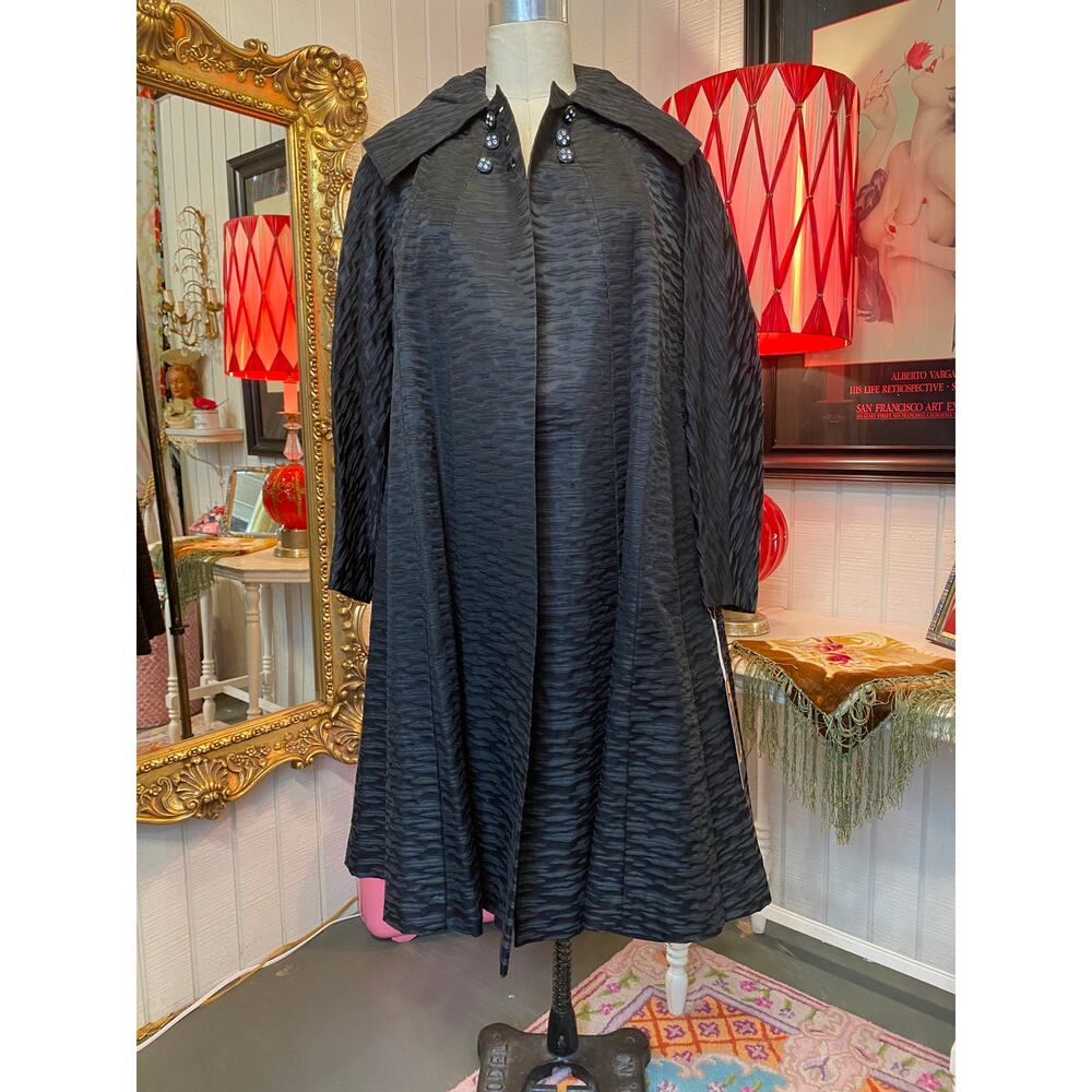 vintage 1950s black swing coat trapeze timeless shawl collar rhinestone maisel m